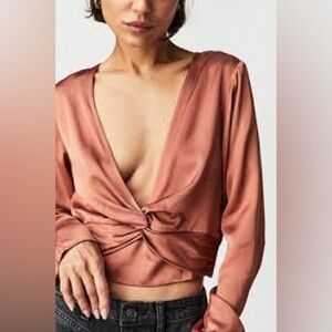 Free People Miraya Top Satin Knot Front Blouse in Rust